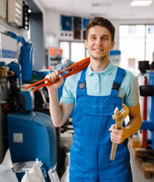 a plumber holding tools and smiling