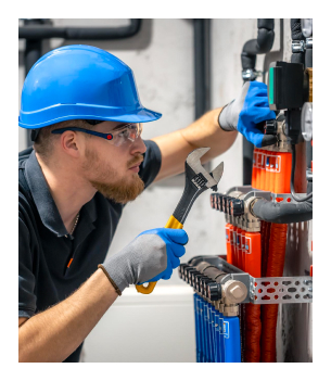 a plumber holding a wrench inspecting pipelines