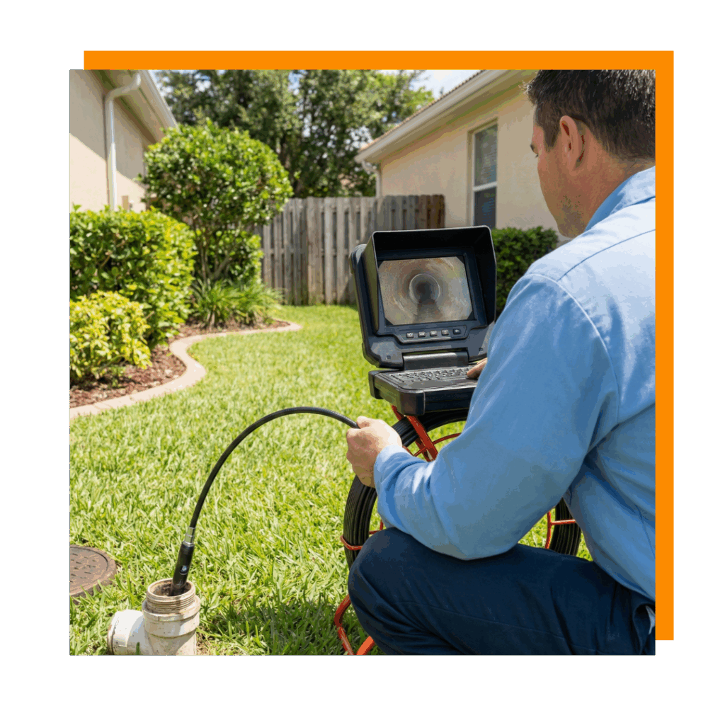 A technician performs a sewer line camera inspection in a residential backyard.