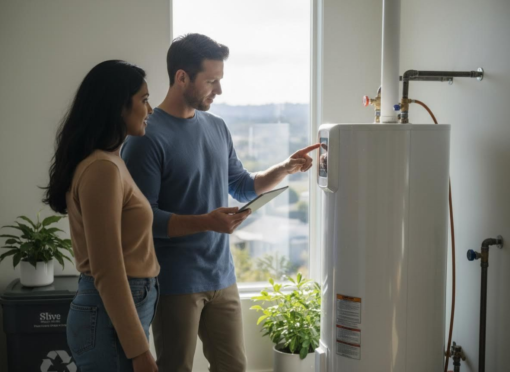 homeowners inspecting water heater