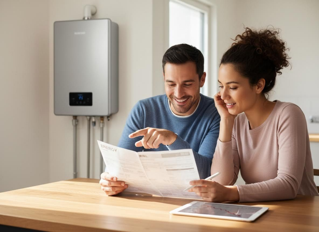homeowners comparing energy savings