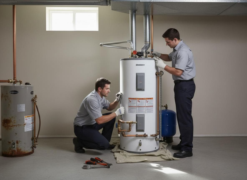 two technicians installing water heater