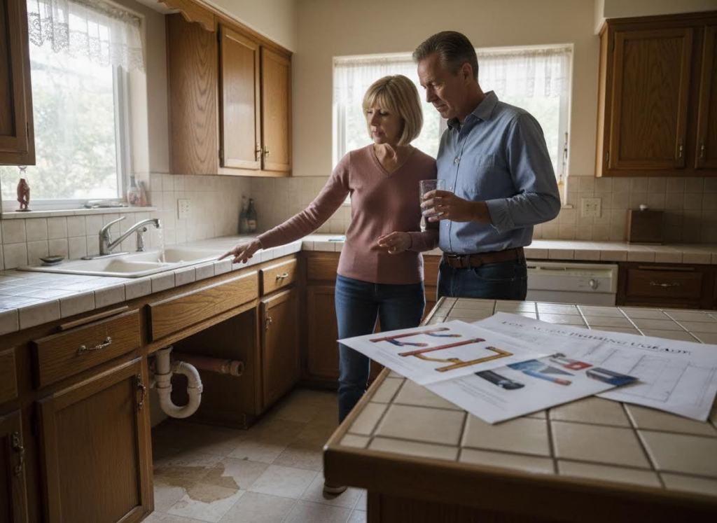 home owners looking at older piping in kitchen before remodel