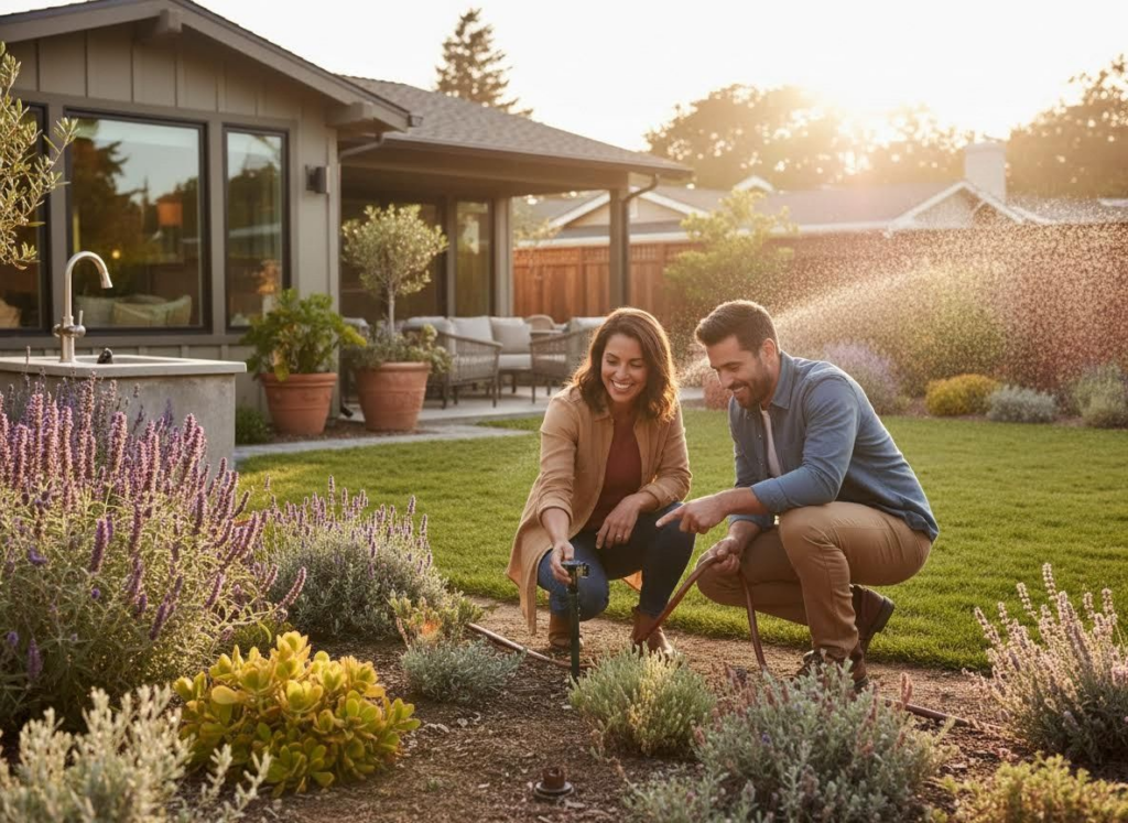 homeowners outside with sprinkler in background