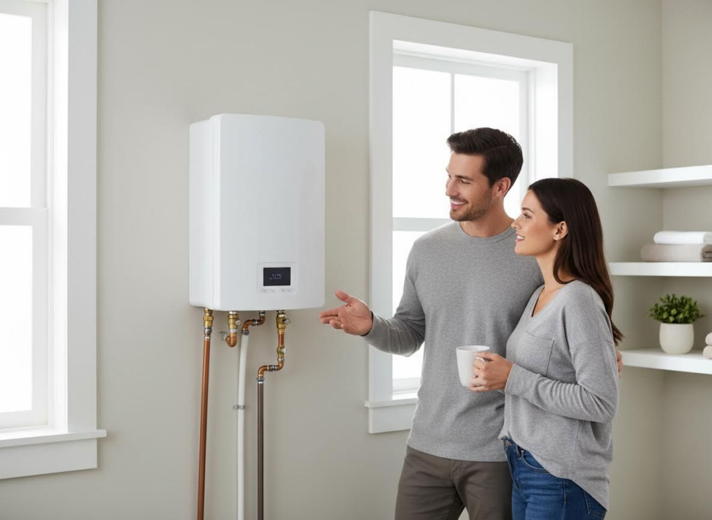 homeowners looking at tankless water heater