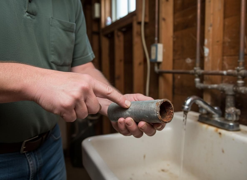 plumber pointing to a corroded pipe