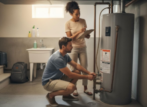 homeowners checking on water heater before vacation