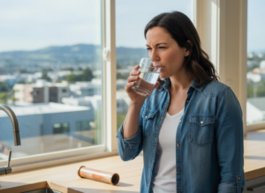 woman drinking water with skeptic look on face