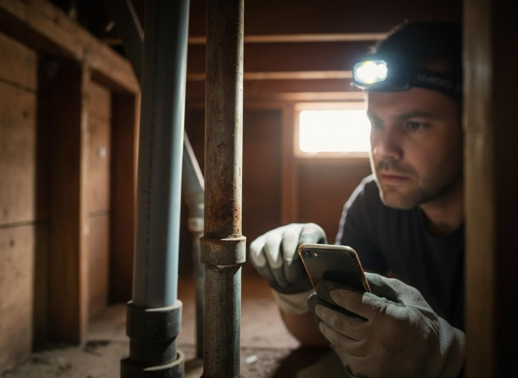 person looking at pipes in crawl space