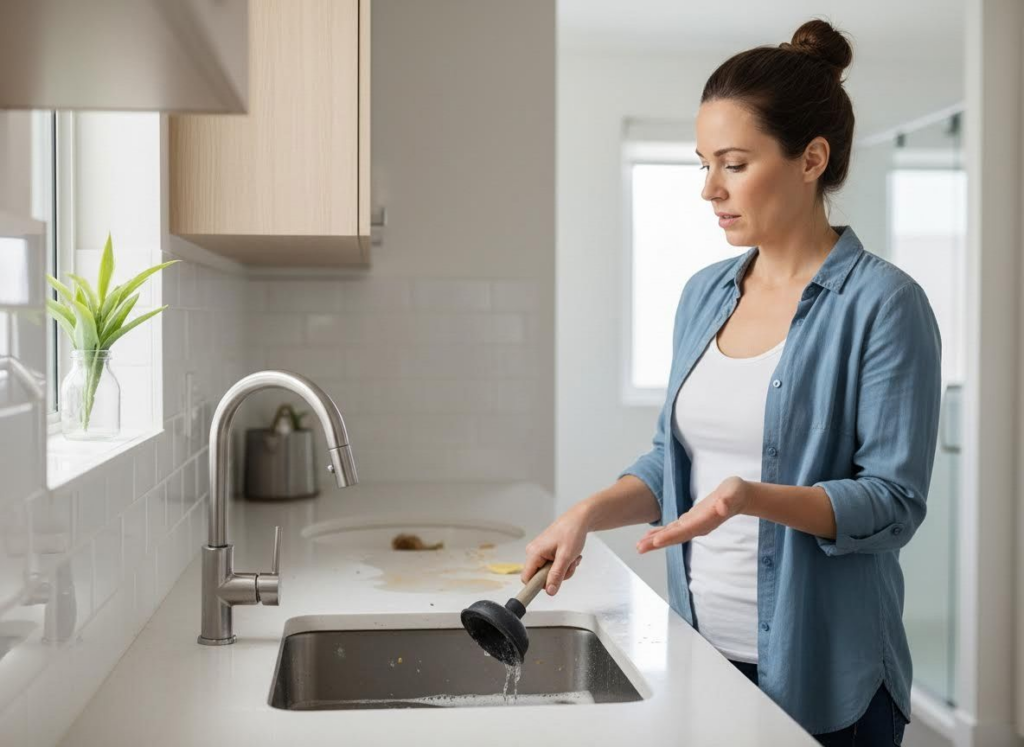 woman trying to unclog kitchen sink